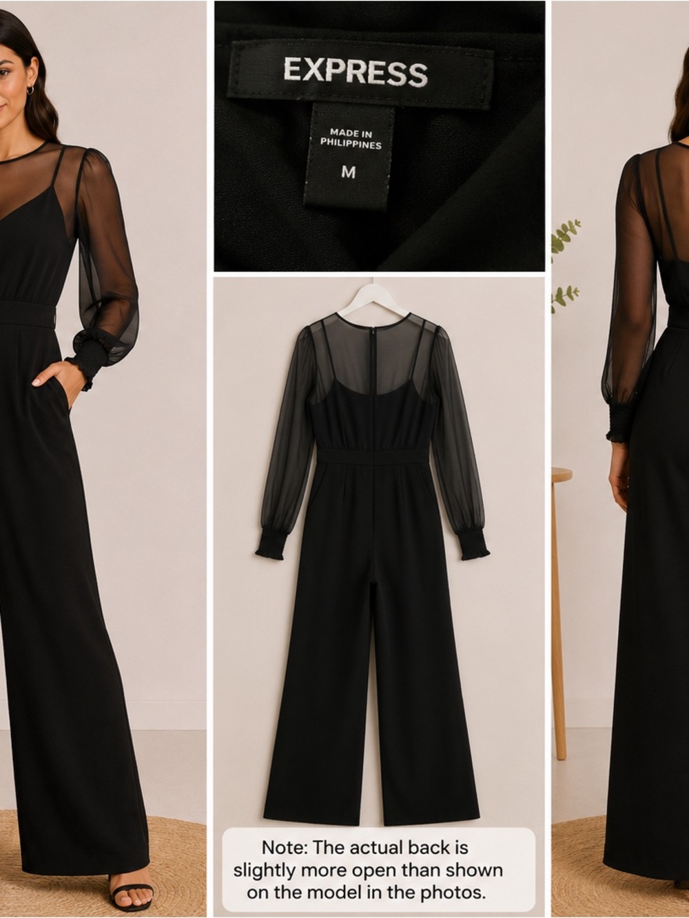 Express Black Sheer-Sleeve Wide-Leg Jumpsuit